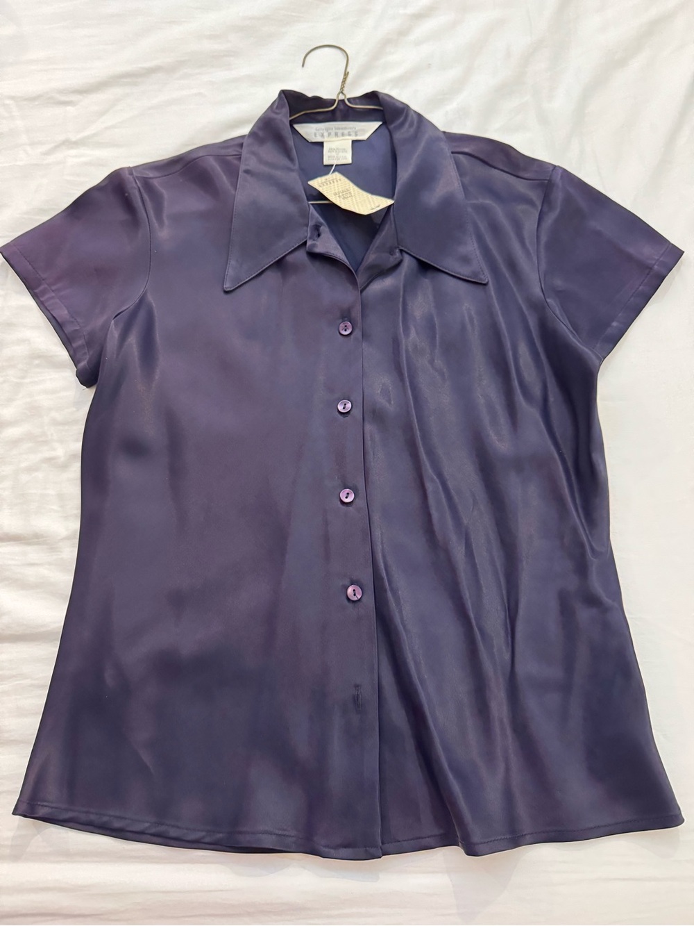 Express Purple Satin Short-Sleeve Button-Down Shirt